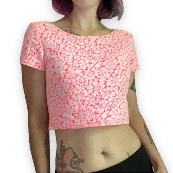 Forever 21 Neon Orange Floral Crop Top Fitted Short Sleeve Shirt Daisy Pattern M - Picture 5 of 11
